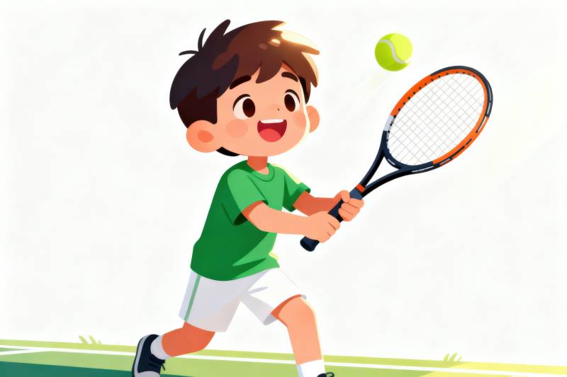 小男孩打网球运动场景图片
