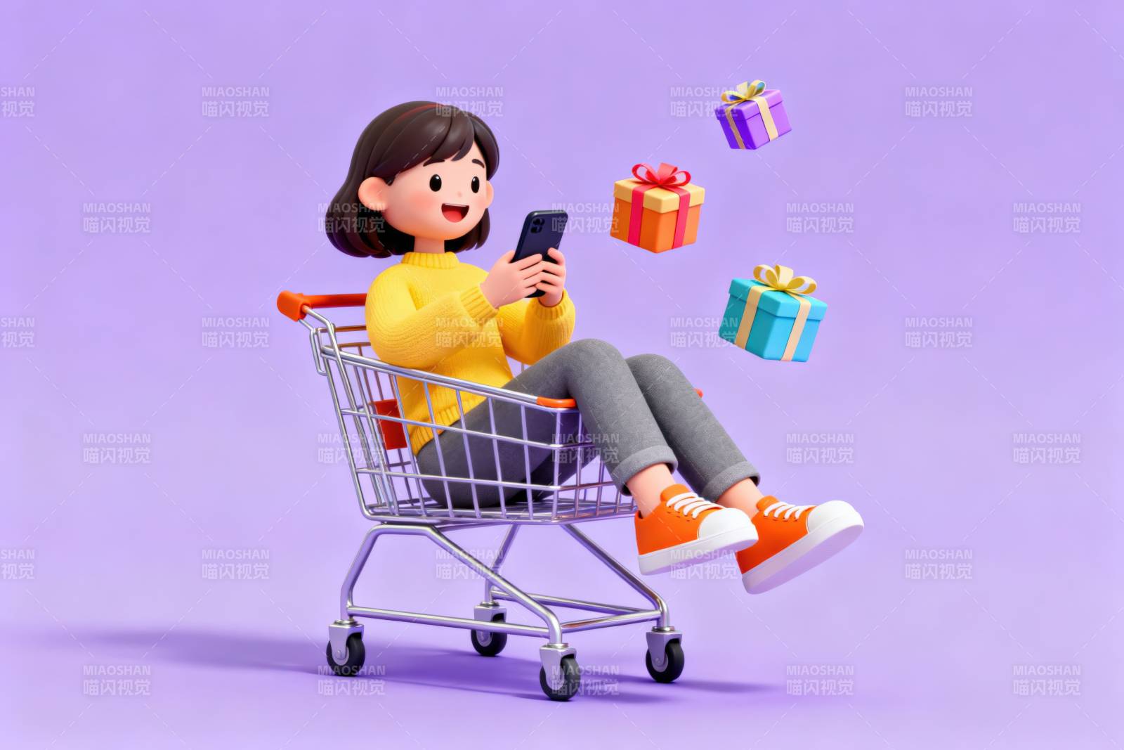 购物车中玩手机的女孩图片