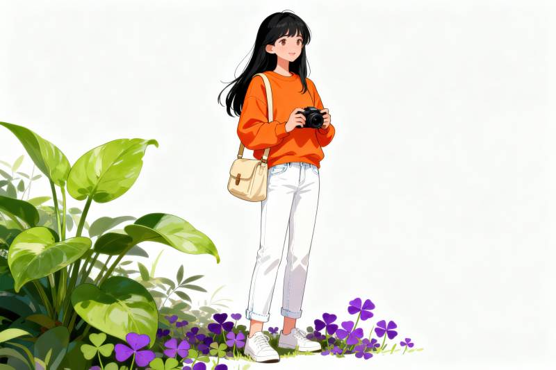 女孩手持相机拍照图片