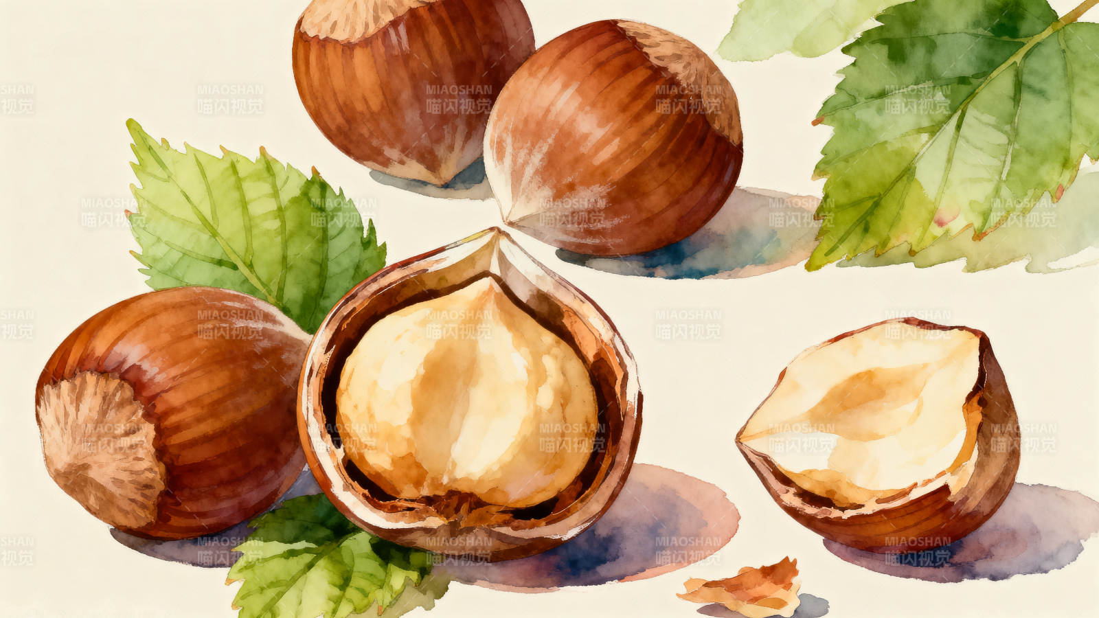 水彩绘榛子与绿叶图片