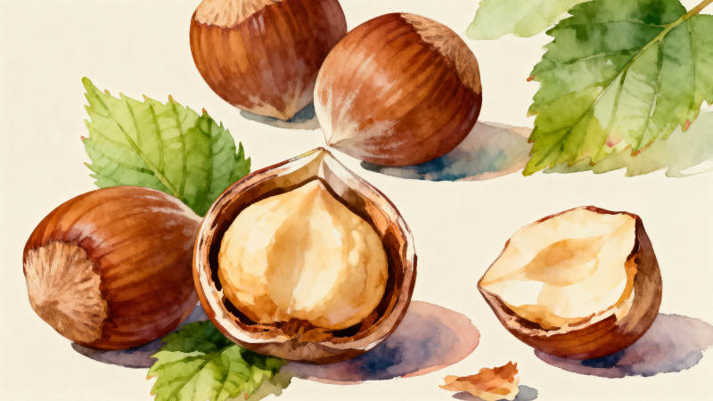 水彩绘榛子与绿叶图片