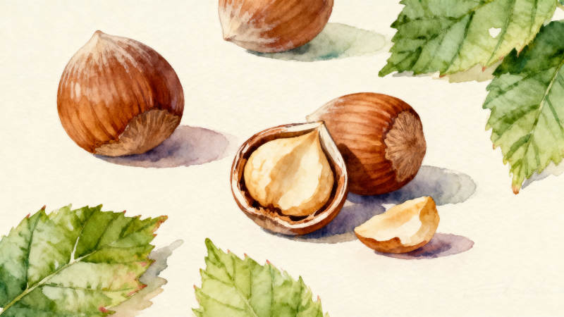 水彩画中的榛子与绿叶图片