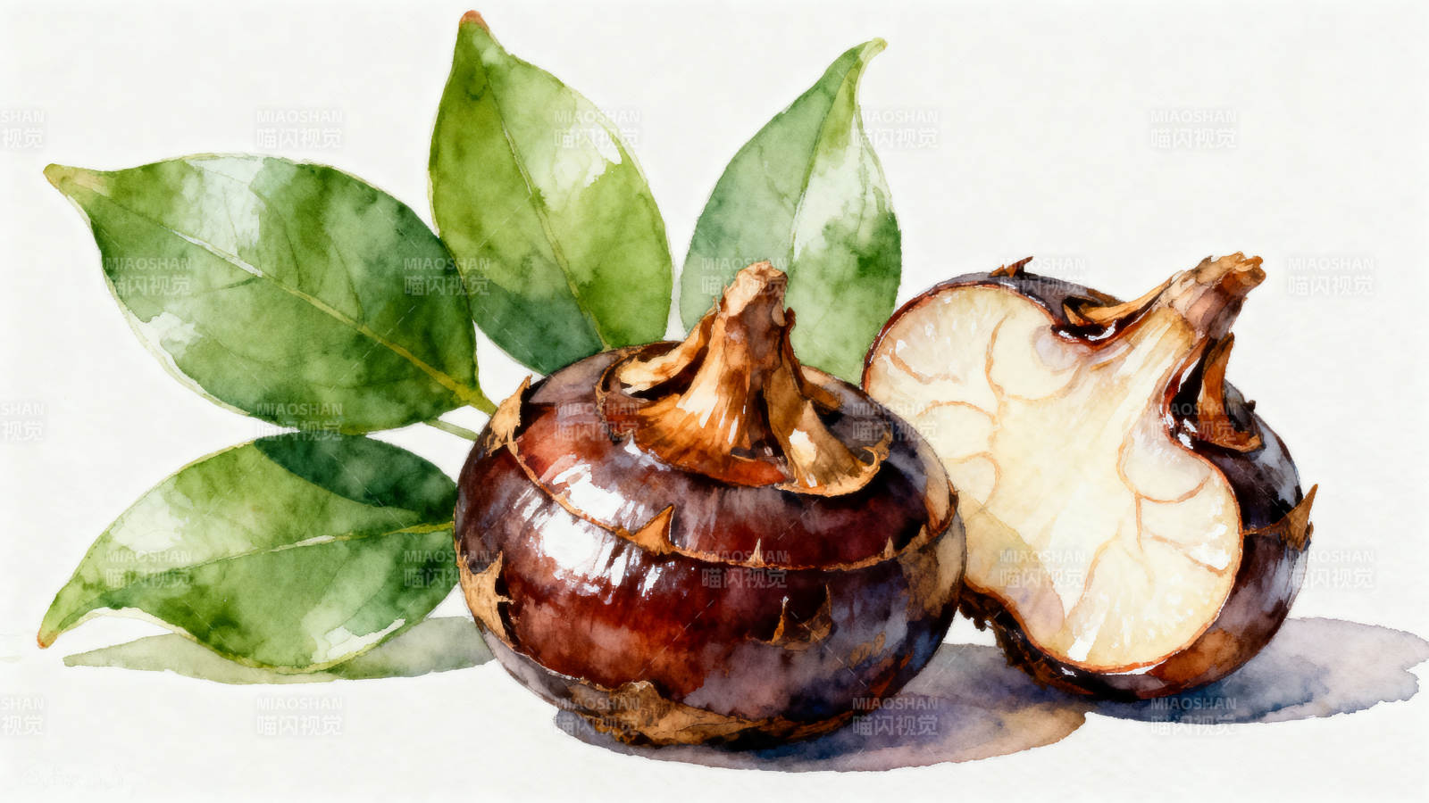 水彩绘荸荠与绿叶图片