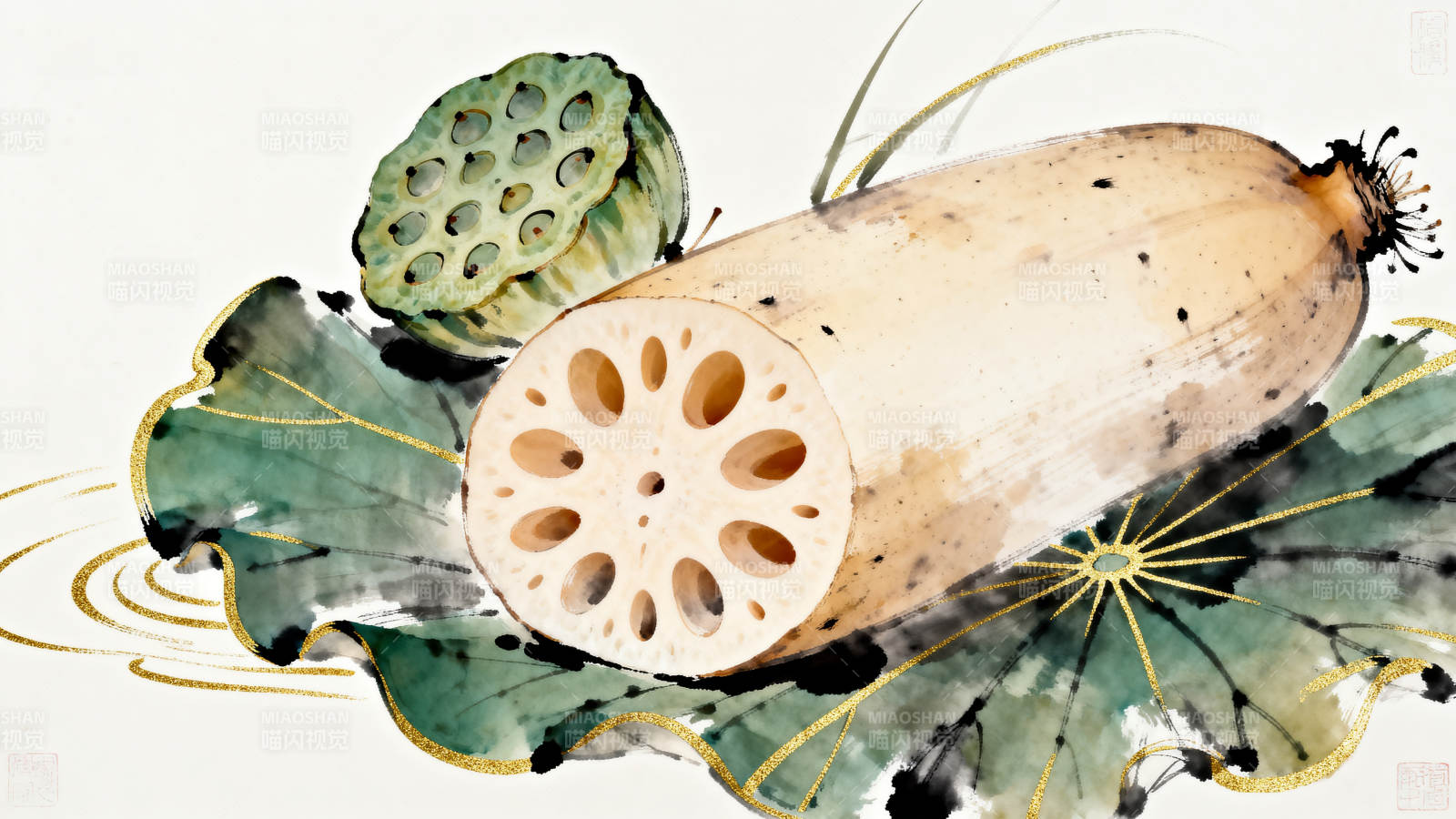 水墨莲藕与莲蓬图片