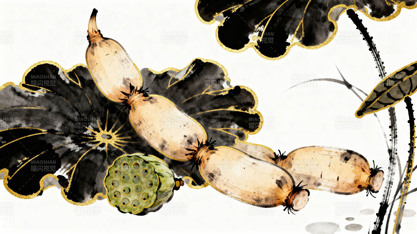 水墨莲藕与荷叶图片