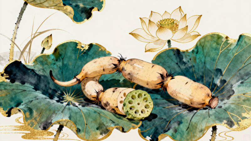 水墨荷花与莲藕图片