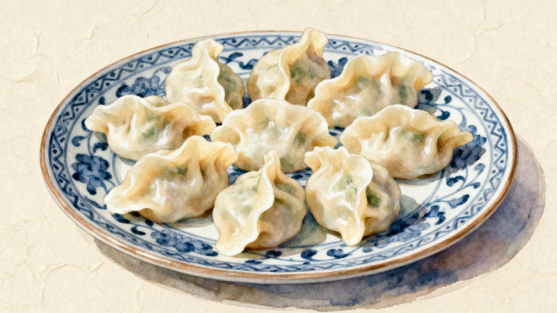 青花瓷盘中的美味饺子图片