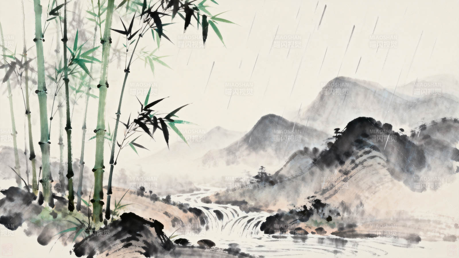 竹林山水雨中景图片