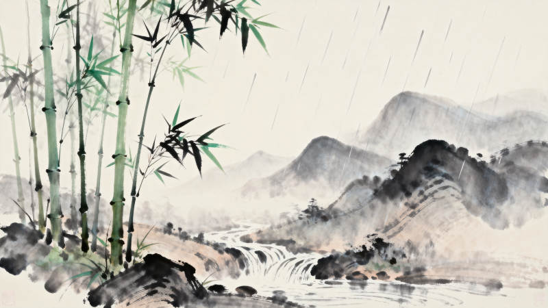 竹林山水雨中景图片