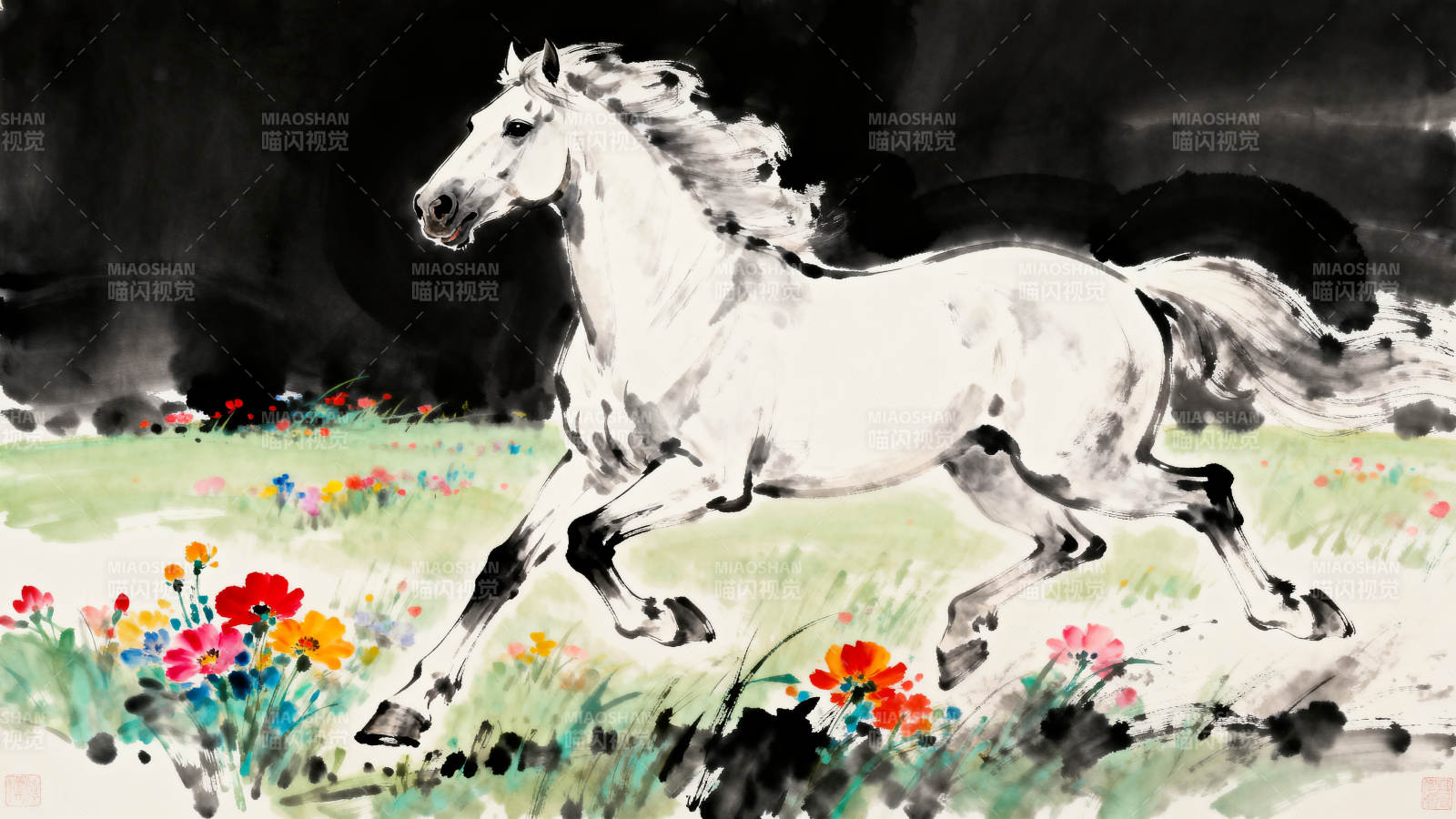 水墨奔马鲜花草地图片