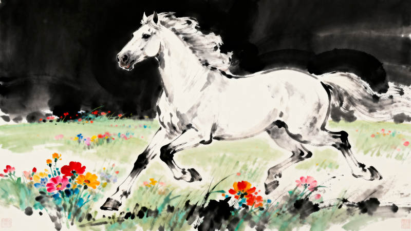 水墨奔马鲜花草地图片