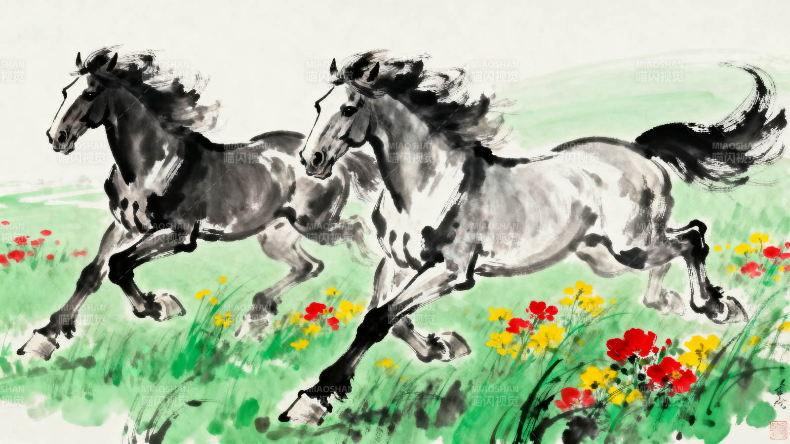 双马奔腾花海中图片