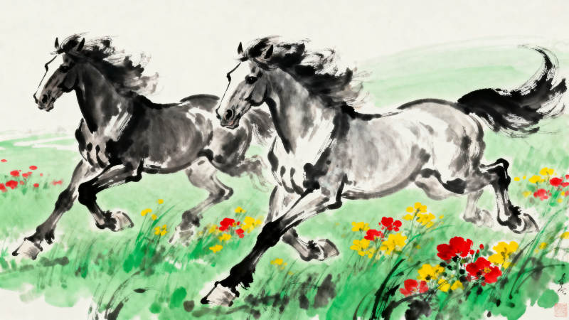 双马奔腾花海中图片