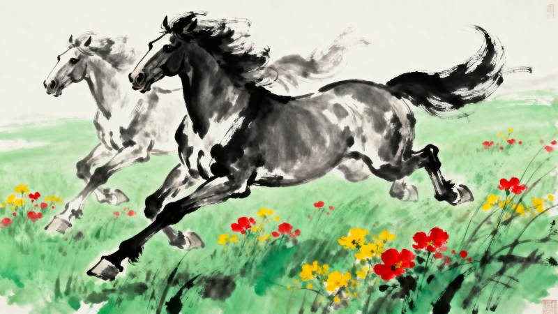 双马奔腾花海间图片
