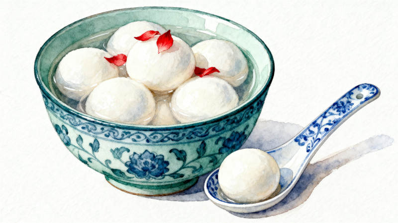 青花瓷碗中的汤圆图片