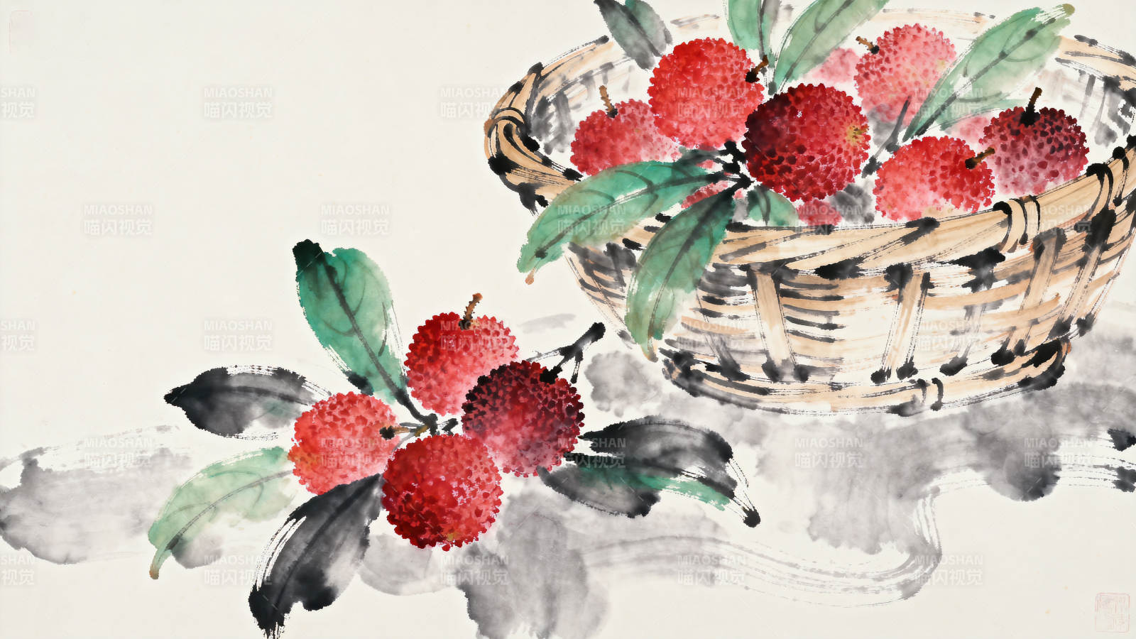 水墨画杨梅果实篮子图片