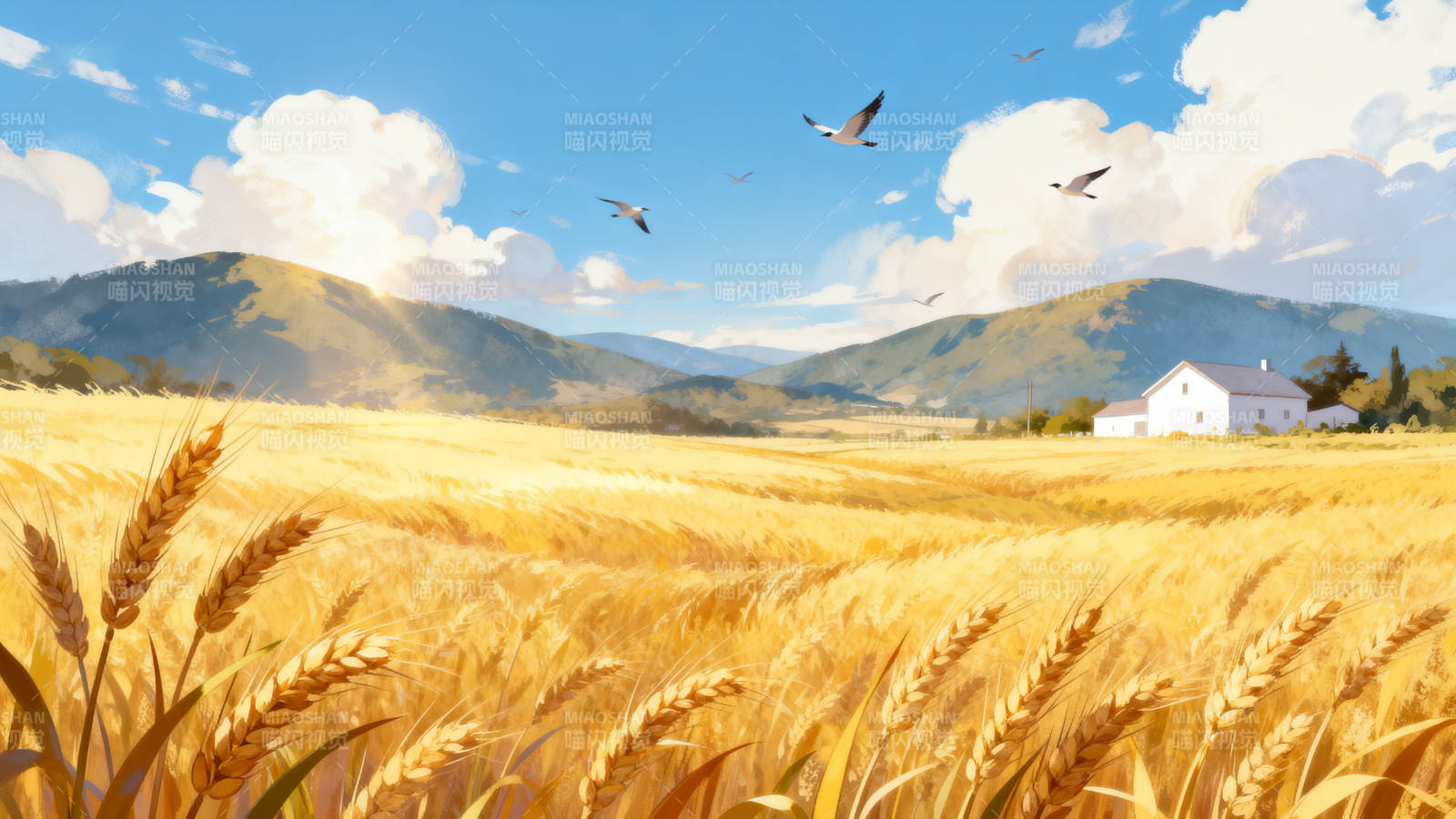 金黄麦田与远山农舍图片