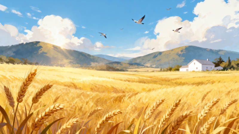 金黄麦田与远山农舍图片