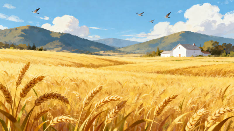 金黄麦田与远山农舍图片