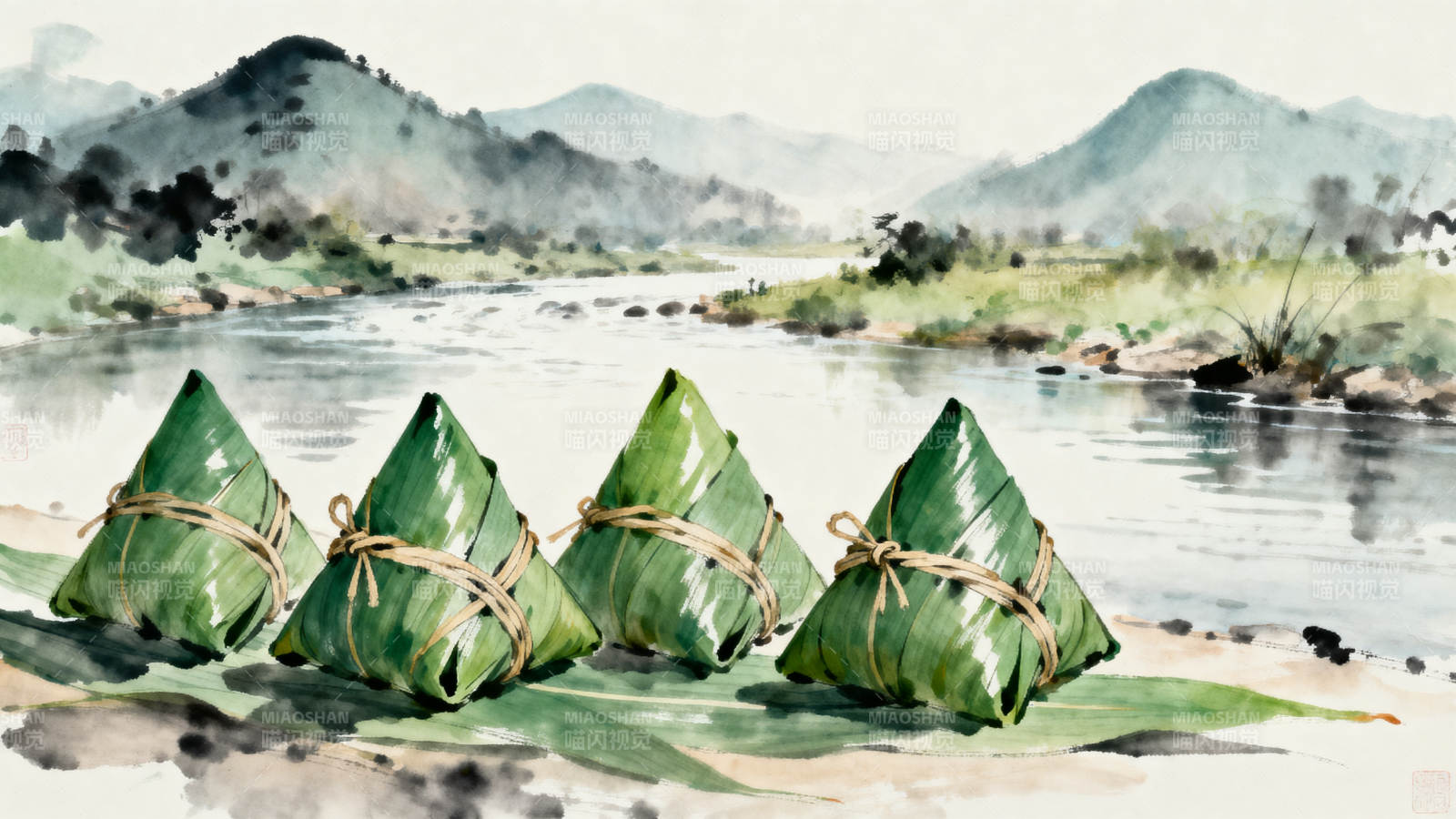 水墨粽子山水背景图片
