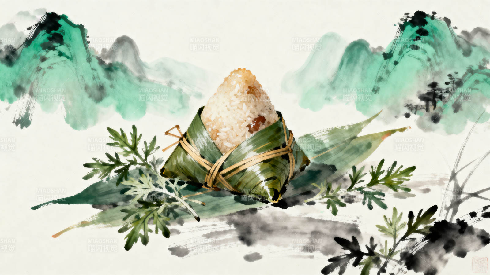 水墨画粽子与艾叶图片