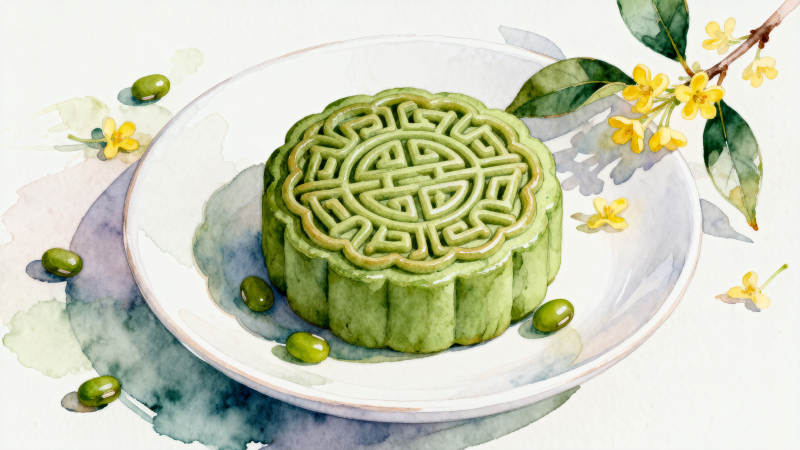 绿色月饼与桂花的中秋意境图片