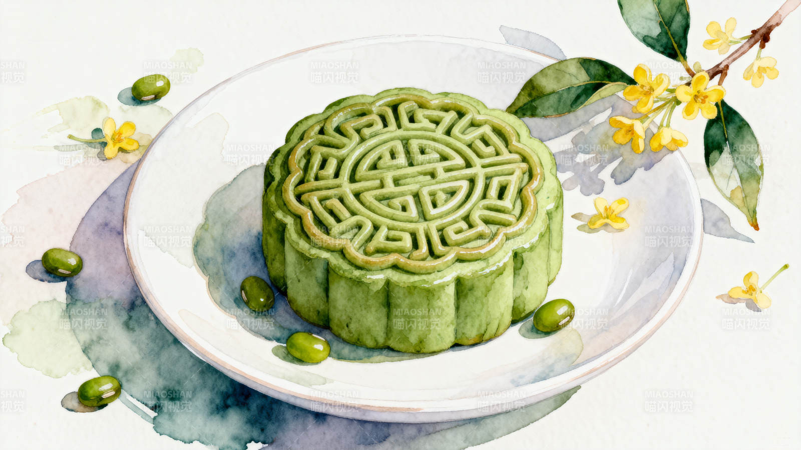 绿色月饼与桂花的中秋意境图片