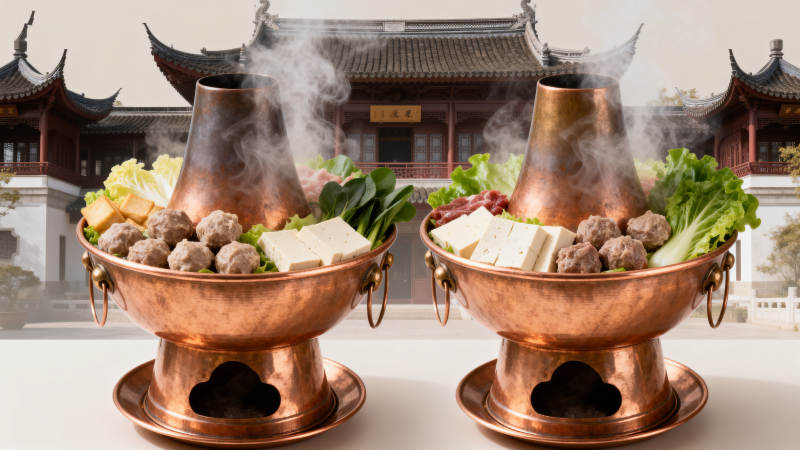 传统铜锅火锅热气腾腾图片