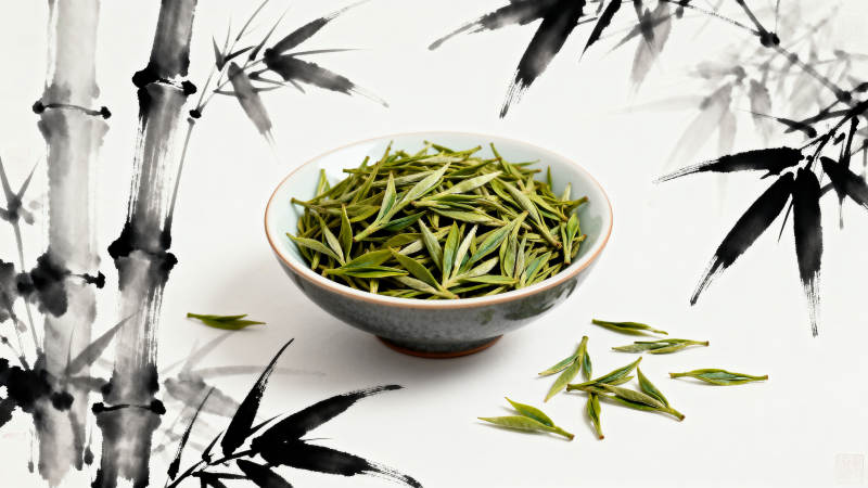 绿茶茶叶与水墨竹子图片