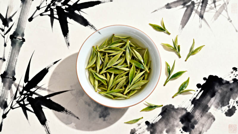 绿茶茶汤与水墨竹子图片