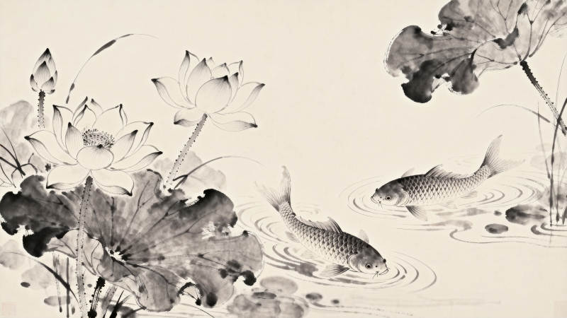 水墨荷花双鱼图图片