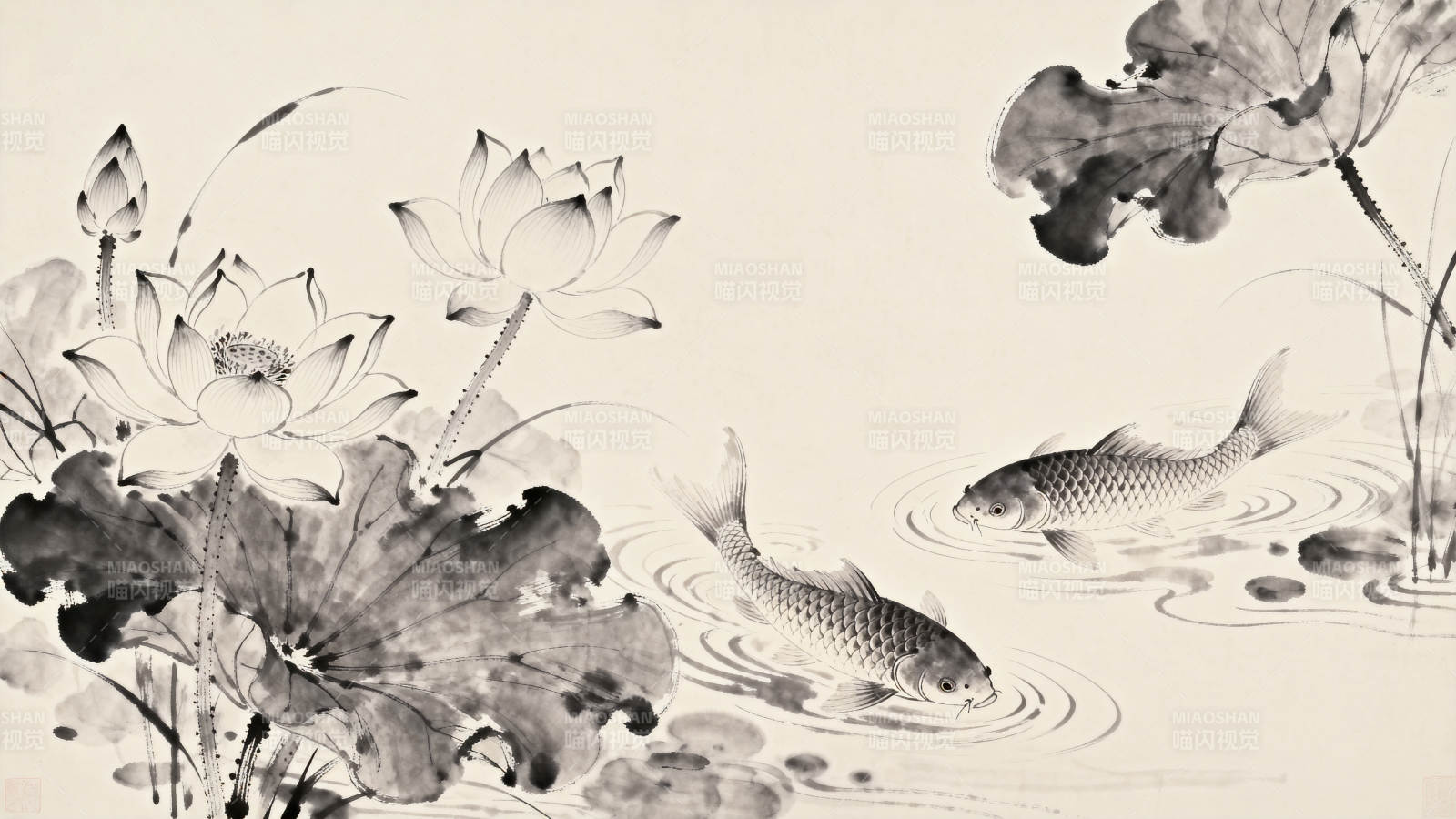 水墨荷花双鱼图图片