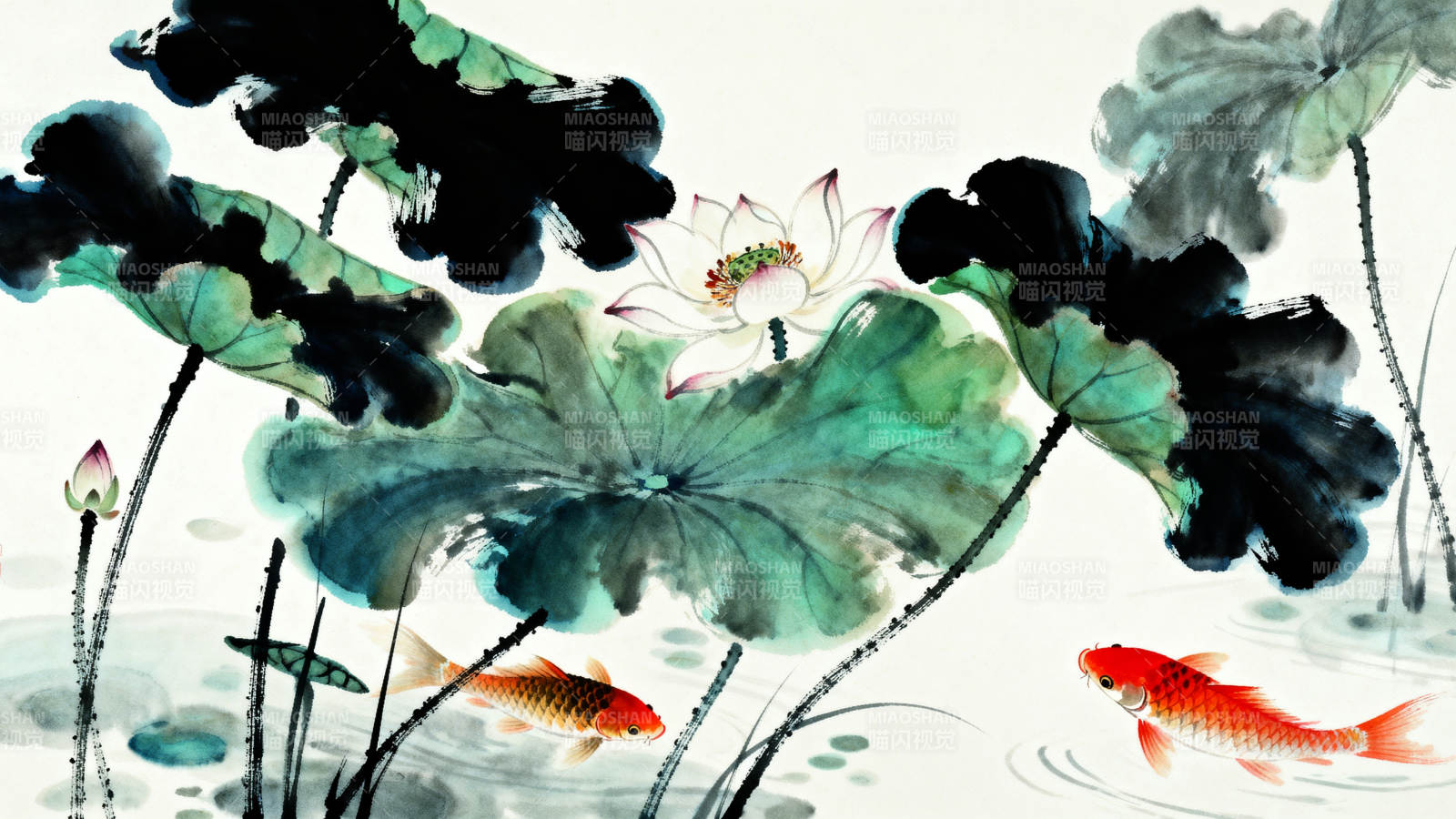 荷塘锦鲤水墨画图片