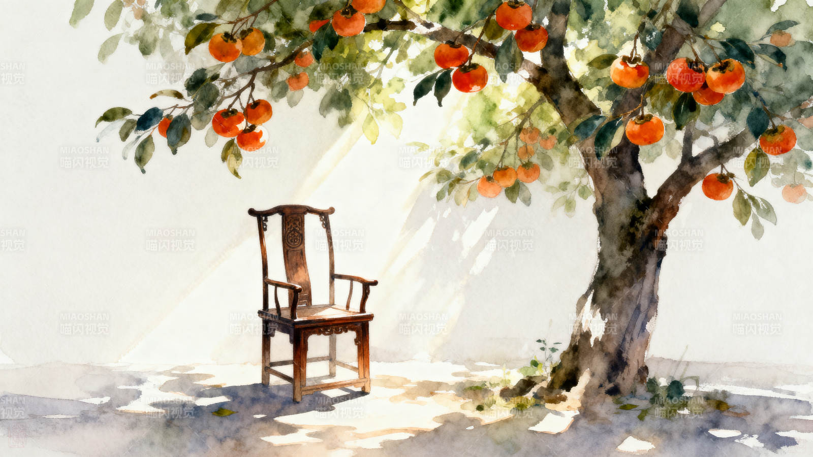 柿子树下的木椅图片