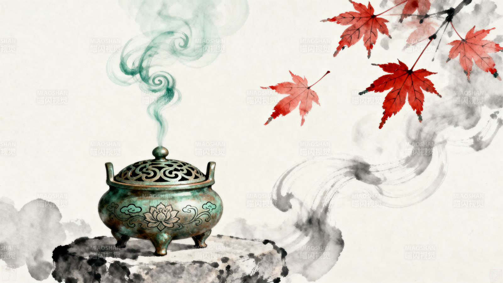 香炉烟雾枫叶水墨画图片