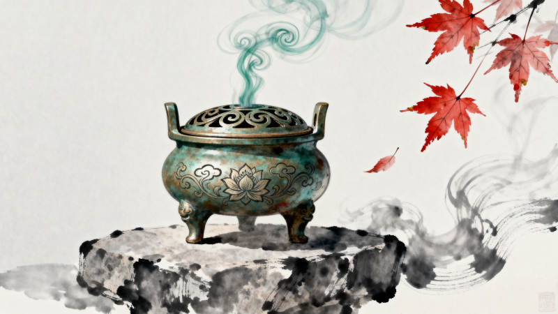 古风香炉与红叶意境图片