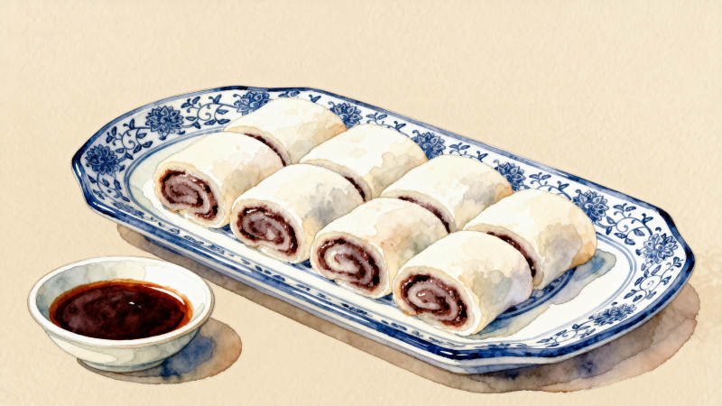 传统豆沙春卷配蘸酱图片