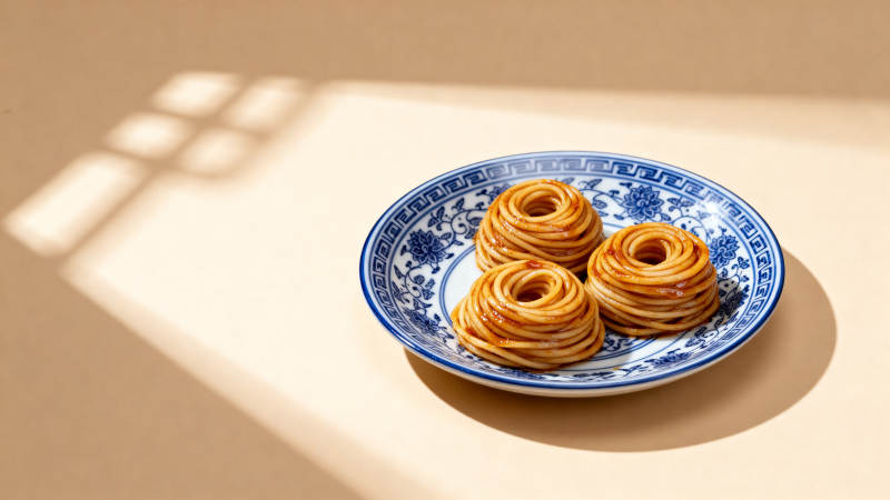 青花瓷盘上的精致面食图片