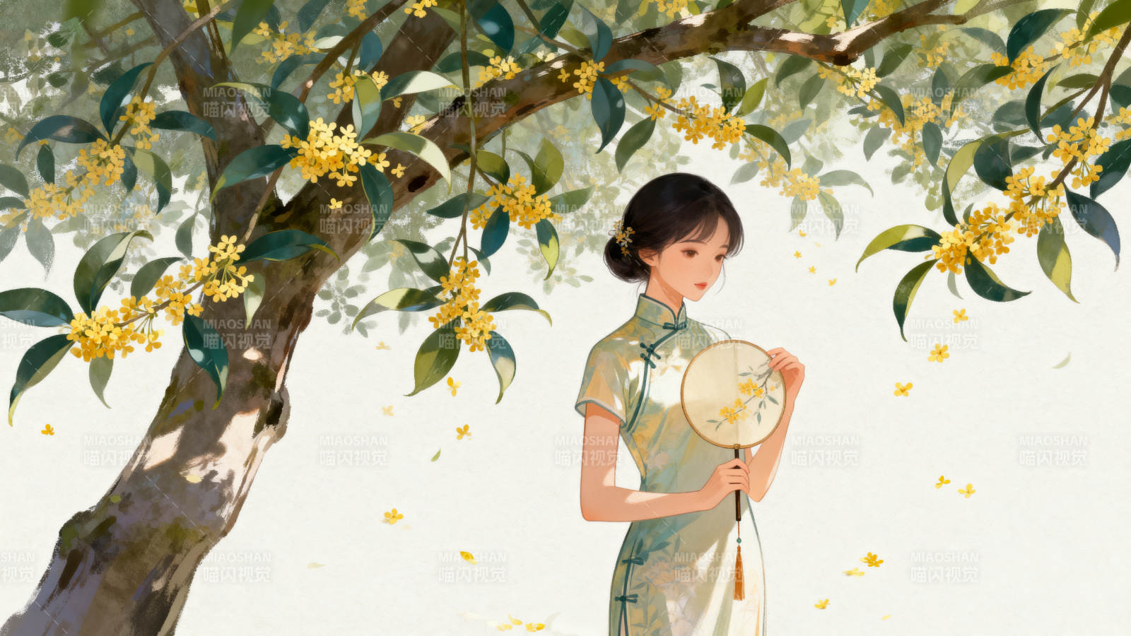 桂花树下旗袍女子图片