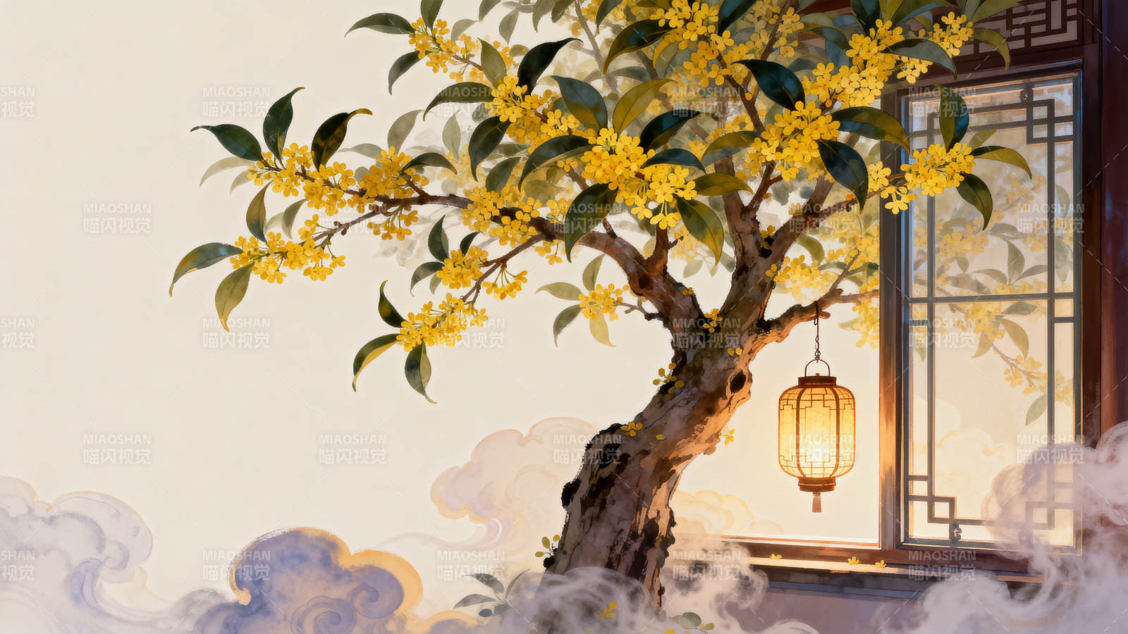 桂花树下古风灯笼图片