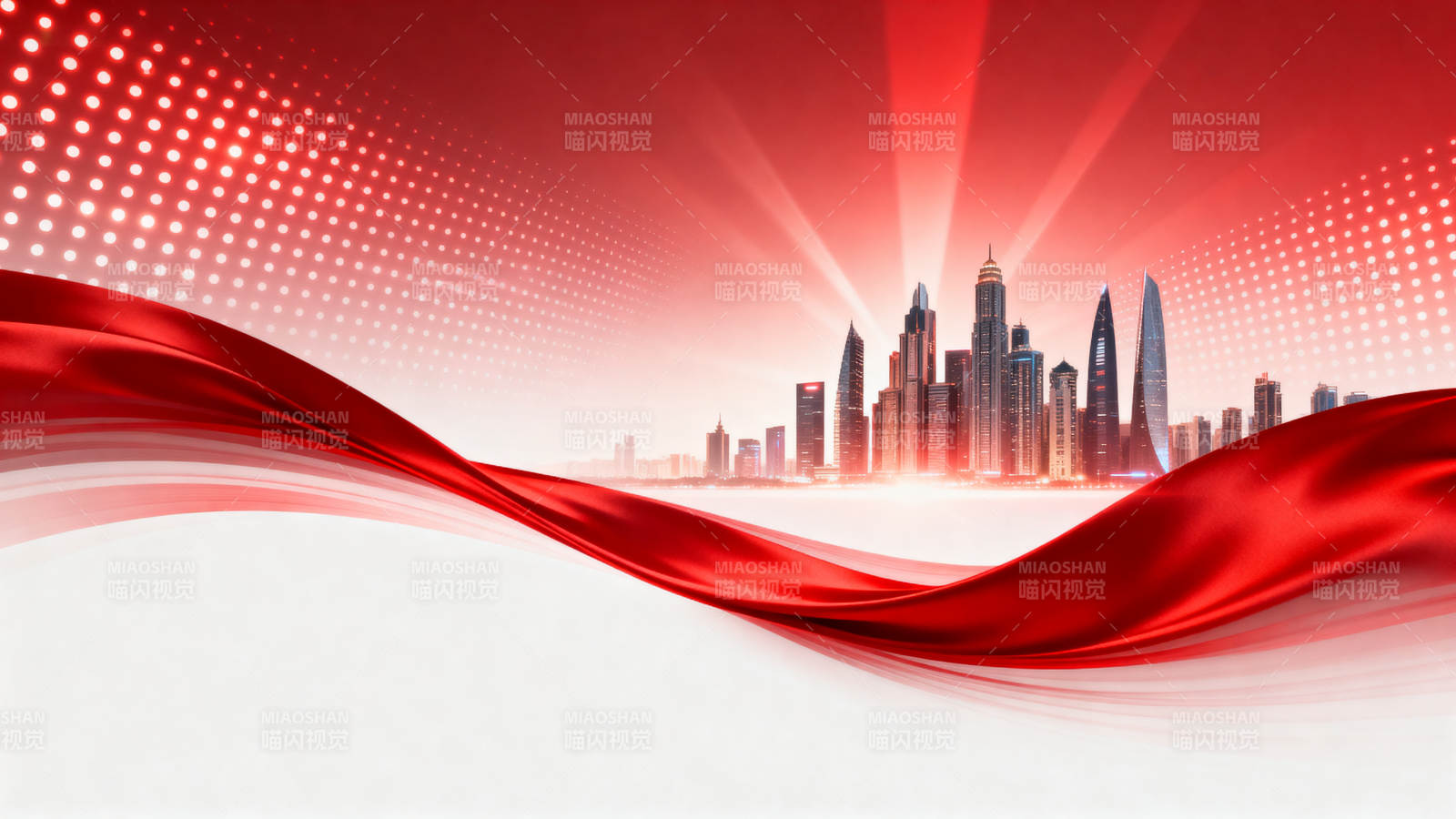 红色绸带与现代城市天际线图片