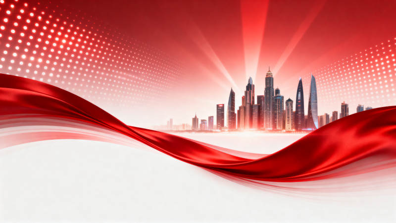 红色绸带与现代城市天际线图片