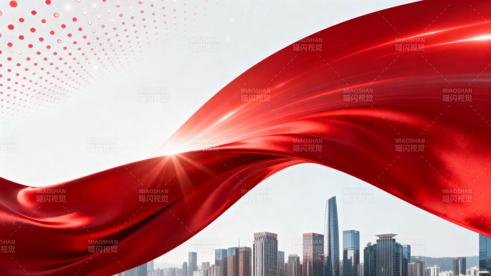 红色丝带与城市天际线图片