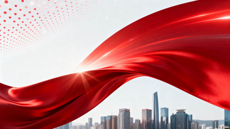 红色丝带与城市天际线图片