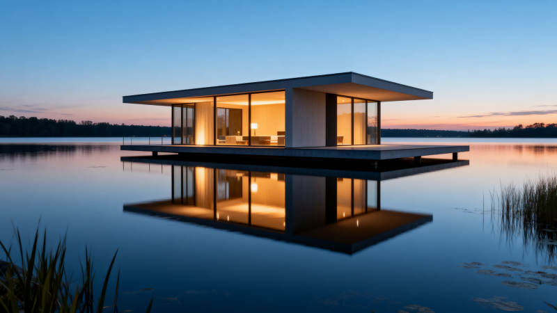 湖上现代简约建筑夜景图片