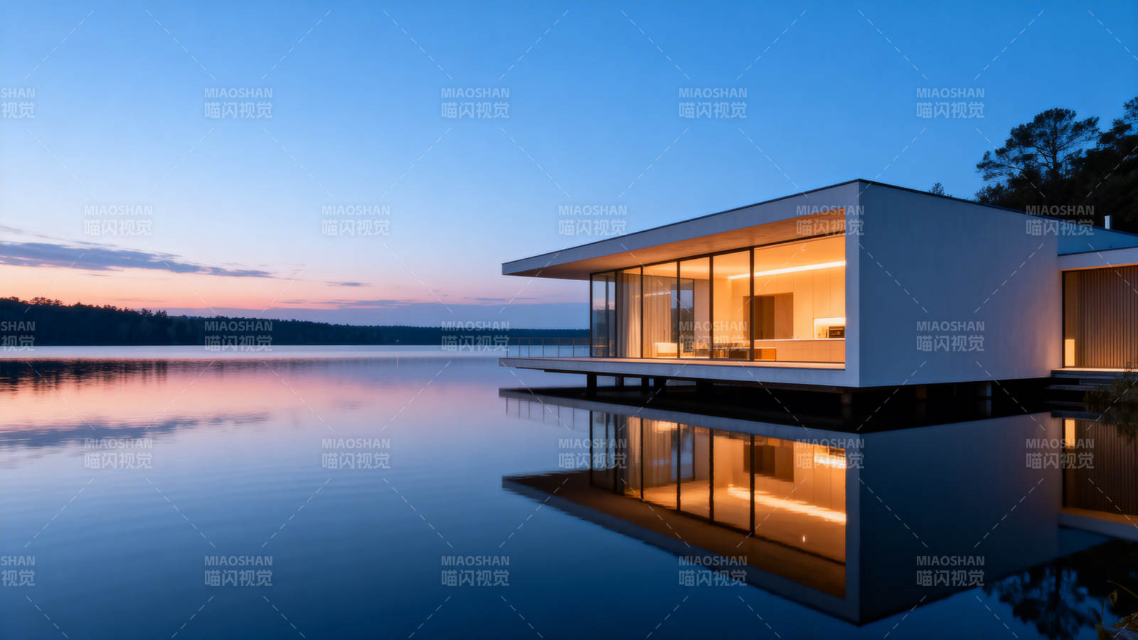 湖畔现代简约建筑夜景图片