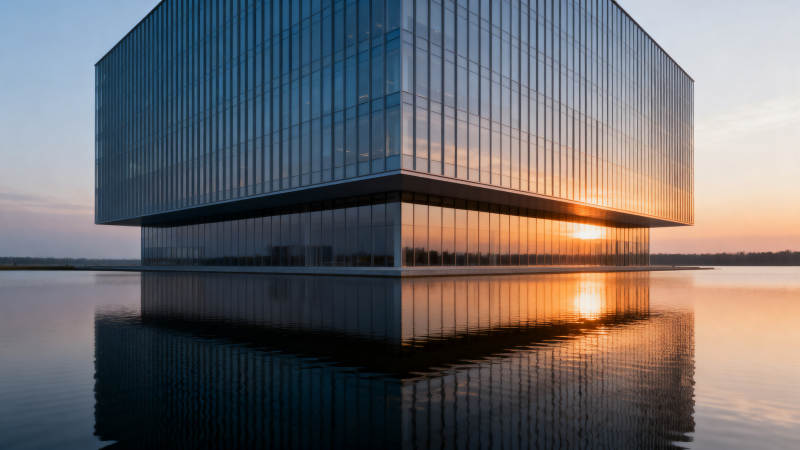 现代建筑夕阳倒影图片