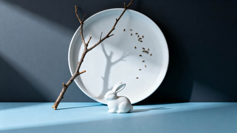 玉兔与树枝的静物摆设图片