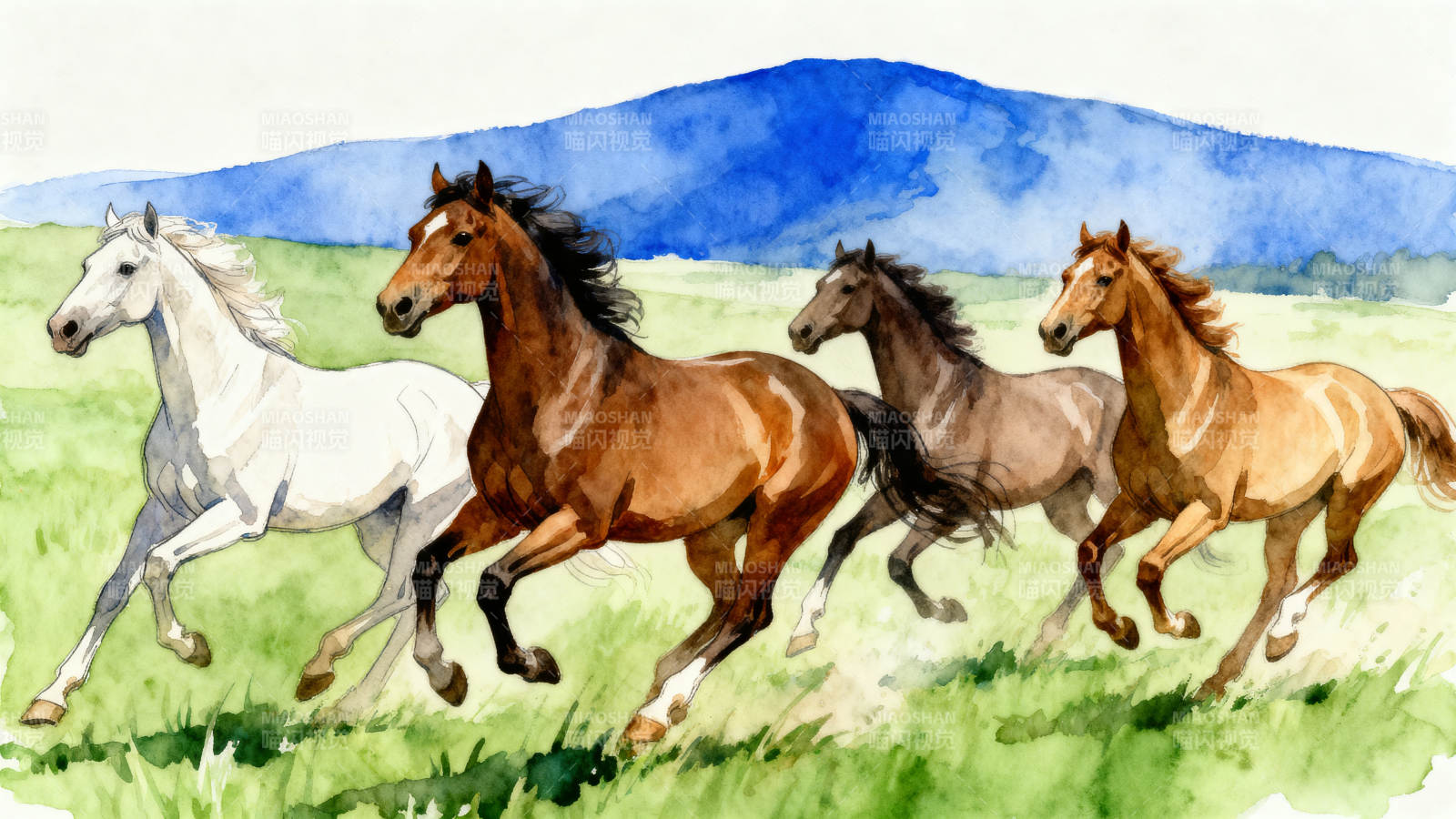 四匹马在草原上奔跑图片