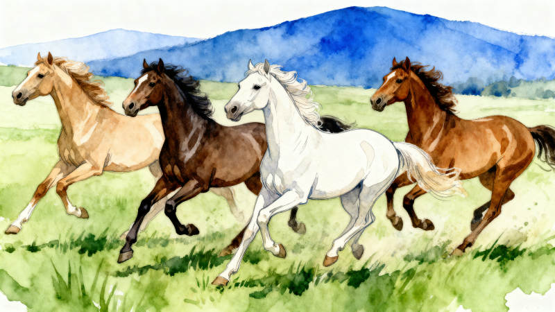 四匹马在草原上奔跑图片